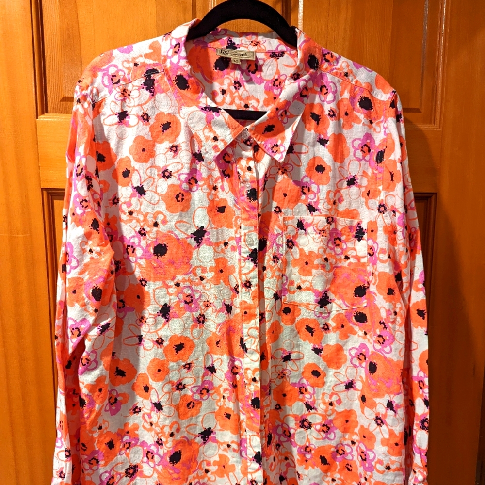Orang and pink flower linen long sleeve top. NWOT